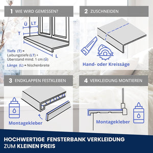 Fensterbank Renovierung „Weiß“ Tiefe 380mm Kunststoff inkl. Seitenabschluss / Fensterbankverkleidung Innen PVC