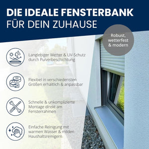 Fensterbank Außen Tiefe 180mm EV1 Silber Aluminium / inkl. Abschlüsse für Putz-Mauerwerk