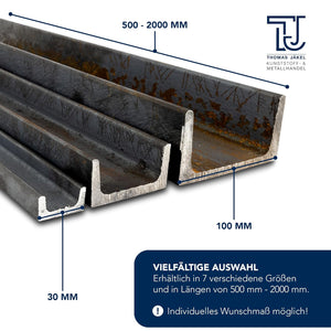 Stahl U-Profil S235 / 500-2000mm Länge / UNP schwarz und gewalzt mit hoher Stabilität und Biegefestigkeit